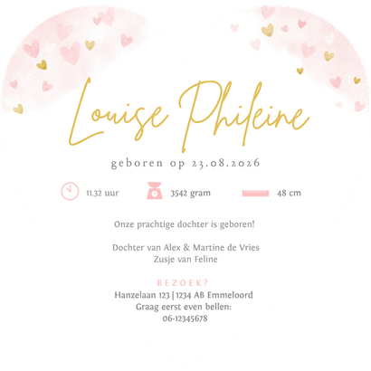 Lief roze geboortekaartje meisje hartvorm roze hartjes Achterkant