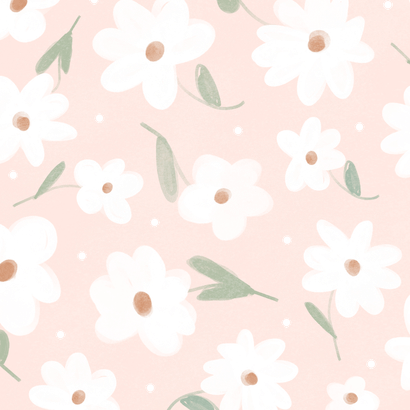 Lief roze geboortekaartje met witte bloemen en koperen tekst Achterkant