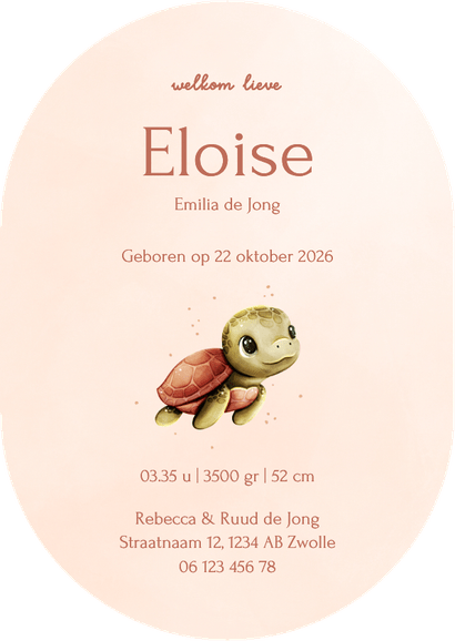 Lief roze ovaal geboortekaartje met een schildpadje Achterkant