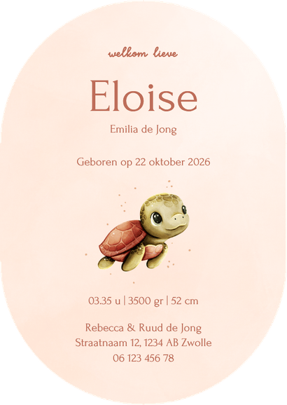 Lief roze ovaal geboortekaartje met een schildpadje Achterkant