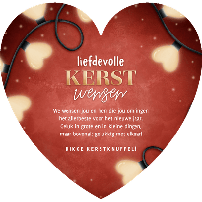 Liefdevolle kerstkaart kerstlampjes in hartvorm & typografie Achterkant