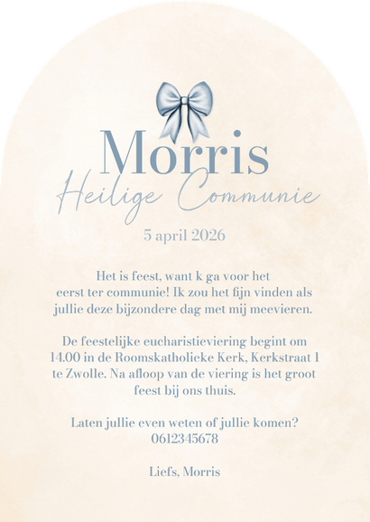 Lieve communie uitnodiging in boogvorm met blauwe strik Achterkant