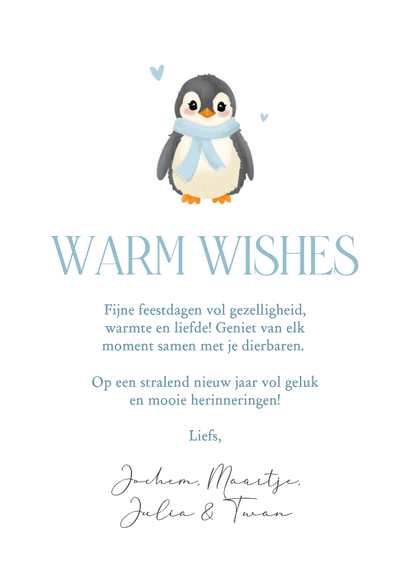 Lieve lichtblauwe kerstkaart boog met baby pinguin Achterkant