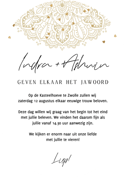 Mandala trouwkaart hartjesconfetti goud Achterkant