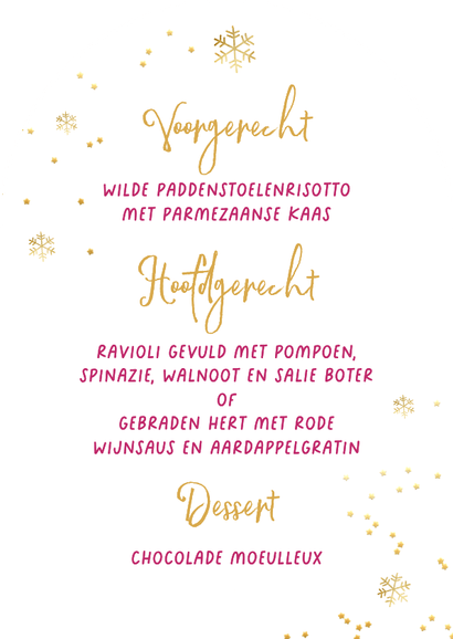 Menukaart boogkaart sprankelend kerstdiner sneeuw sterren Achterkant