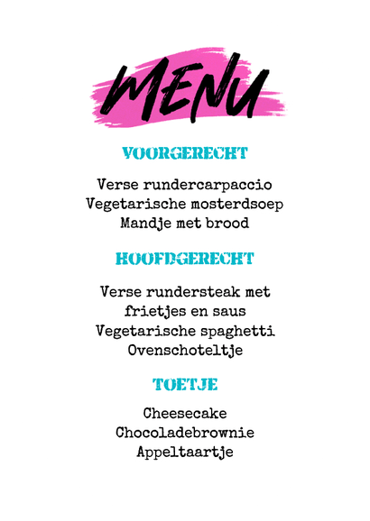 Menukaart communie lentefeest graffiti stoer kleurrijk Achterkant