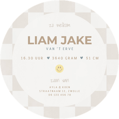 Minimalistisch geboortekaartje gele smiley en beige blokjes Achterkant