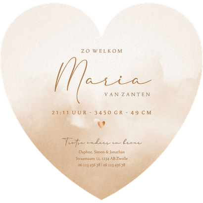 Minimalistisch geboortekaartje meisje waterverf en hartje Achterkant