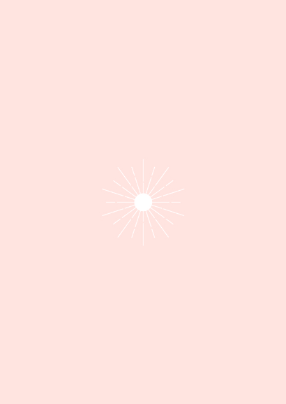 Minimalistisch geboortekaartje met zonnetje in roze & koper Achterkant