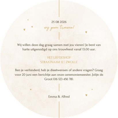 Minimalistische ronde trouwkaart met gouden details Achterkant