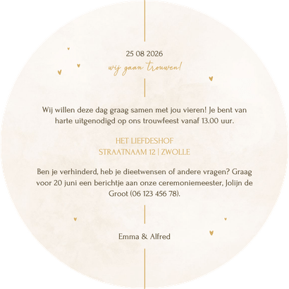 Minimalistische ronde trouwkaart met gouden details Achterkant