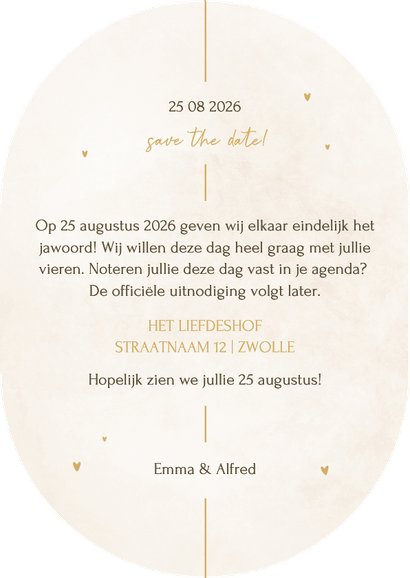 Minimalistische save the date kaart ovaal met gouden details Achterkant