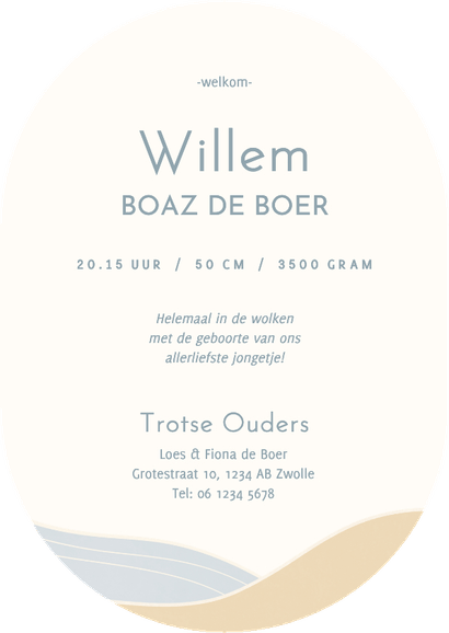 Modern geboortekaartje ovale vorm met landschap jongen Achterkant