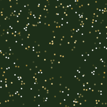 Moderne kerstkaart groen jaartal goud logo sterrenconfetti Achterkant