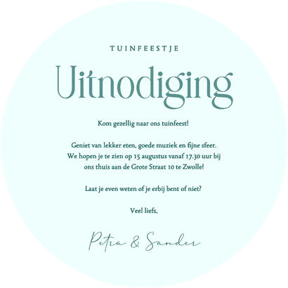Moderne ronde uitnodiging tuinfeest met palmbomen Achterkant