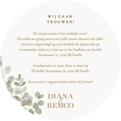 Moderne trouwkaart waterverf eucalyptus takjes Achterkant