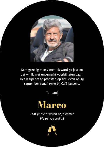 Moderne uitnodigingen feestje zwart goud ovaal Achterkant