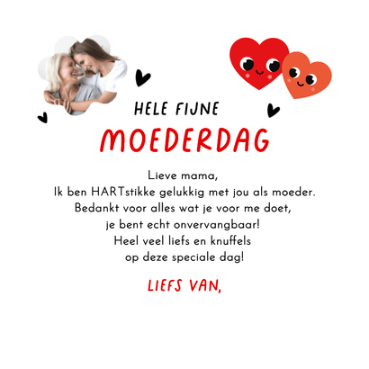 Moederdagkaart in hart vorm lief rood hart met oogjes Achterkant