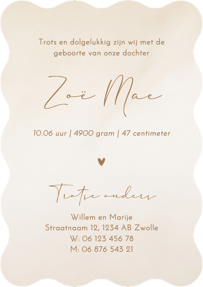 Naturel golvend geboortekaartje beige waterverf hartje Achterkant