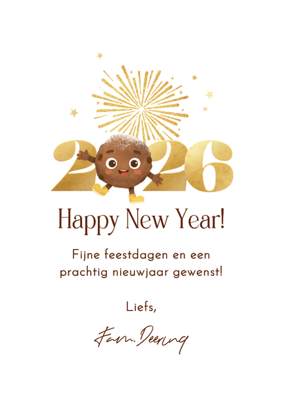 Nieuwjaarskaart boogkaart vuurwerk 2026 foto oliebol Achterkant