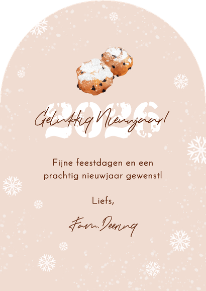 Nieuwjaarskaart oliebollen boogvorm sneeuw foto Achterkant