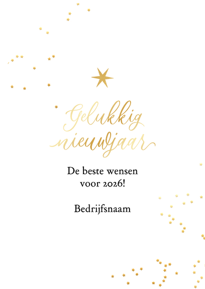 Nieuwjaarskaart vuurwerk goud zilver sterren boogkaart Achterkant