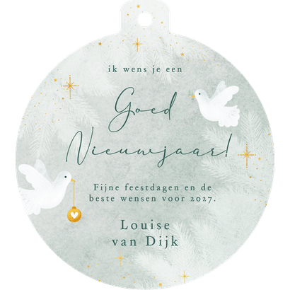 Nieuwjaarskaart witte duiven in kerstbal vorm kaart Achterkant