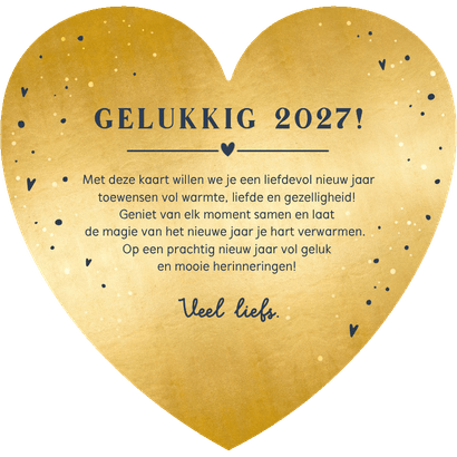 Nieuwjaarsknuffel kaart gouden hartvorm kaart Achterkant