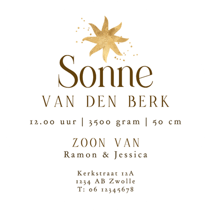 Origineel geboortekaartje boog zon goud streepjes Achterkant