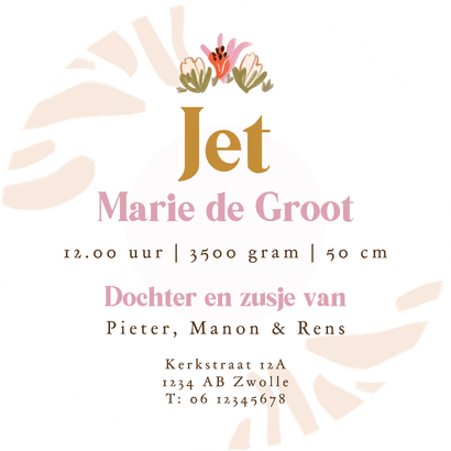 Origineel geboortekaartje cirkel bloemenkader kleurrijk hart Achterkant