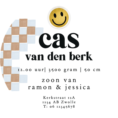 Origineel geboortekaartje cirkel blokjespatroon smiley patch Achterkant