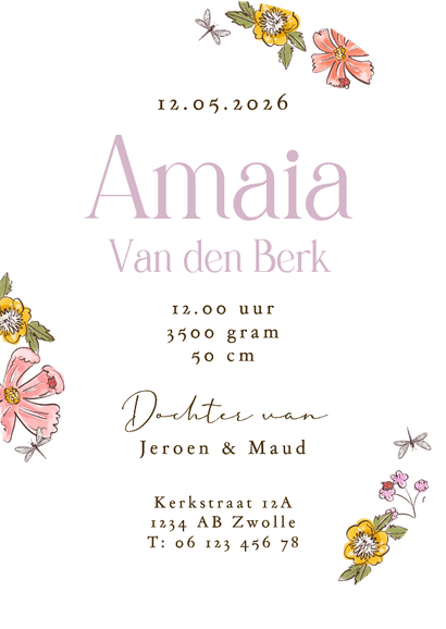 Origineel geboortekaartje initiaal floral kleurrijk libelle Achterkant