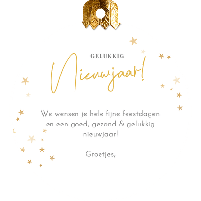 Originele nieuwjaarskaart met eigen foto in kerstbal vorm Achterkant