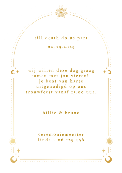 Originele trouwkaart astrologie boogvorm zon met goudfolie Achterkant
