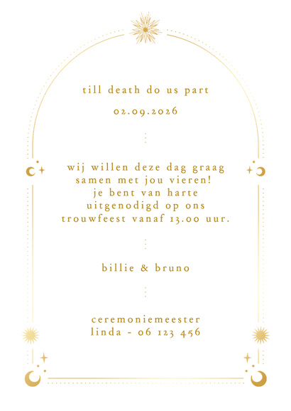 Originele trouwkaart astrologie boogvorm zon met goudfolie Achterkant