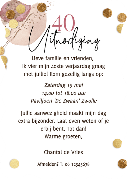 Originele uitnodiging verjaardag 40 jaar feestelijk ballon Achterkant