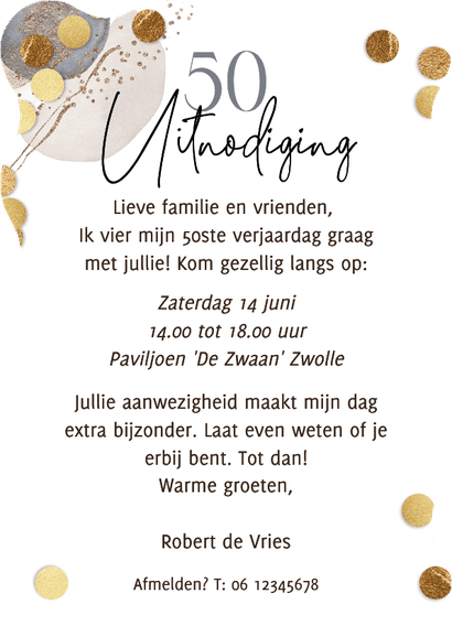Originele uitnodiging verjaardag 50 jaar cijferballon goud Achterkant