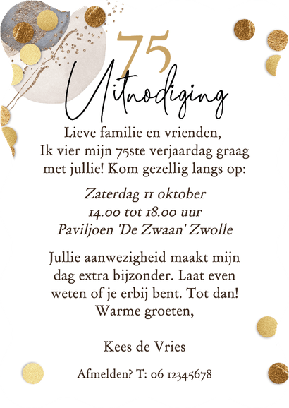 Originele uitnodiging verjaardag 75jaar cijferballon goud Achterkant