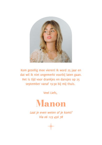 Originele uitnodigingen feestje modern oranje in ovaal Achterkant