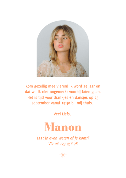 Originele uitnodigingen feestje modern oranje in ovaal Achterkant