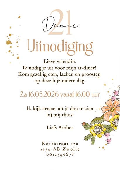 Originele uitnodigingskaart 21 diner kleurrijke bloemen foto Achterkant
