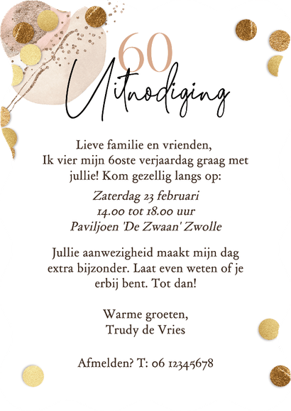 Originele uitnodigingskaart verjaardag 60 cijferballon goud Achterkant