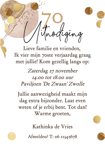 Originele uitnodigingskaart verjaardag 70 jaar ballon verf Achterkant