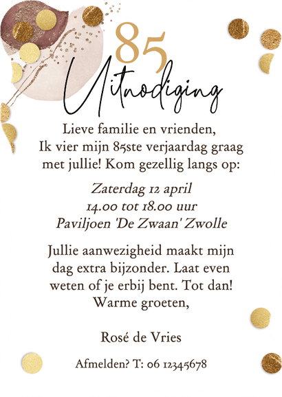 Originele uitnodigingskaart verjaardag 85 jaar confetti goud Achterkant