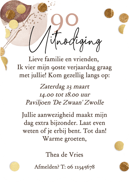 Originele uitnodigingskaart verjaardag 90 ballon confetti Achterkant