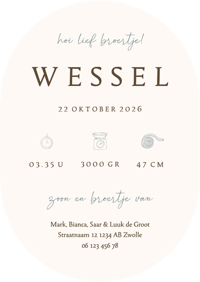 Ovaal geboortekaartje broertje beertje konijn vogeltje Achterkant