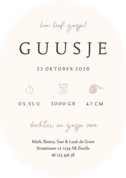 Ovaal geboortekaartje voor een zusje met lieve bosdiertjes Achterkant