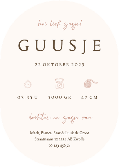 Ovaal geboortekaartje voor een zusje met lieve bosdiertjes Achterkant