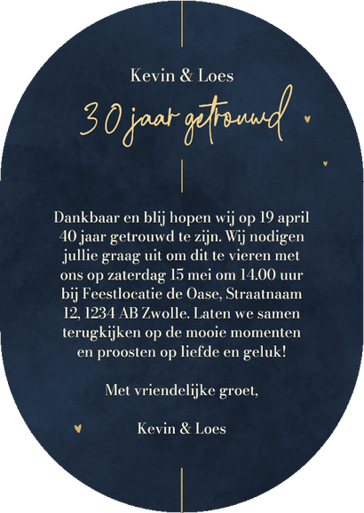Ovale donkerblauwe jubileumkaart Achterkant