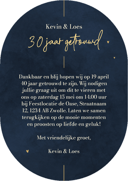 Ovale donkerblauwe jubileumkaart  Achterkant